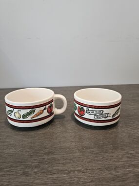 Vintage Houston Harvest Ceramic Soup Mugs - Set of 2 Vegetable Garden Crocks